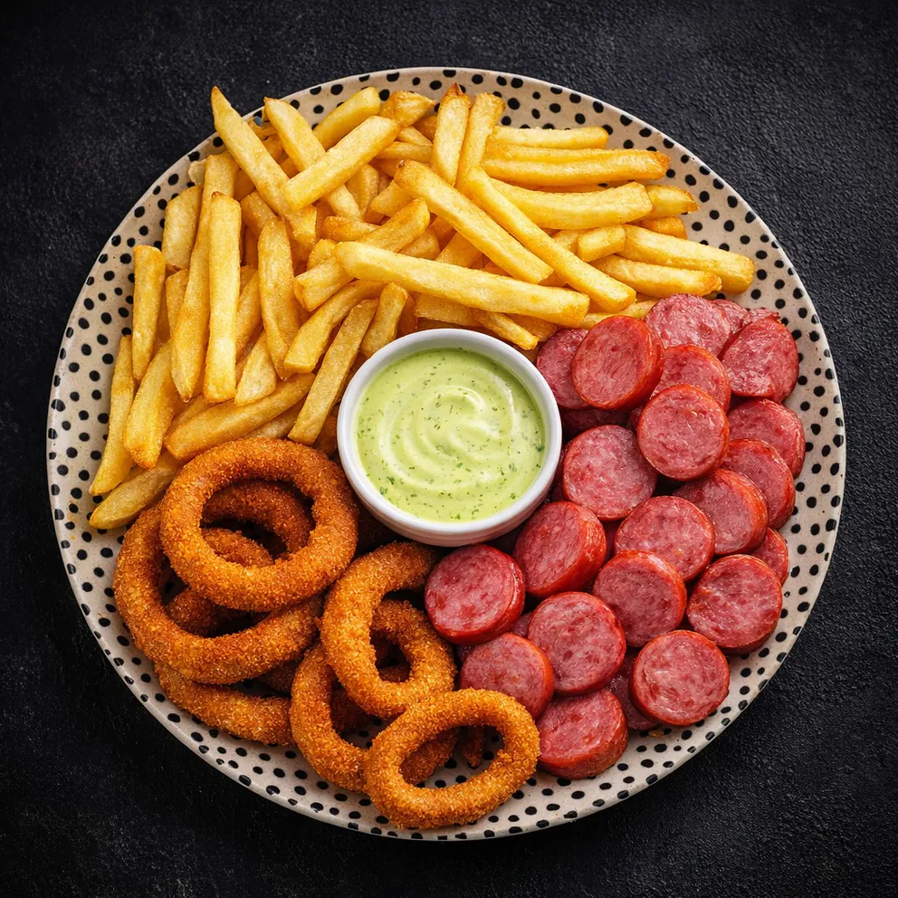 Porção mista: Batatas, Onion Rings, Calabresa